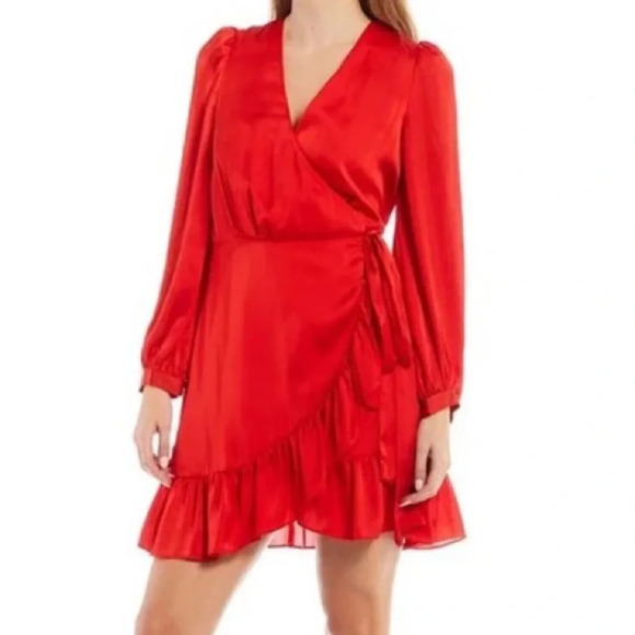 Gianni Bini Dresses & Skirts - Gianni Bini red wrap mini dress ruffle balloon‎ sleeve silky size xs